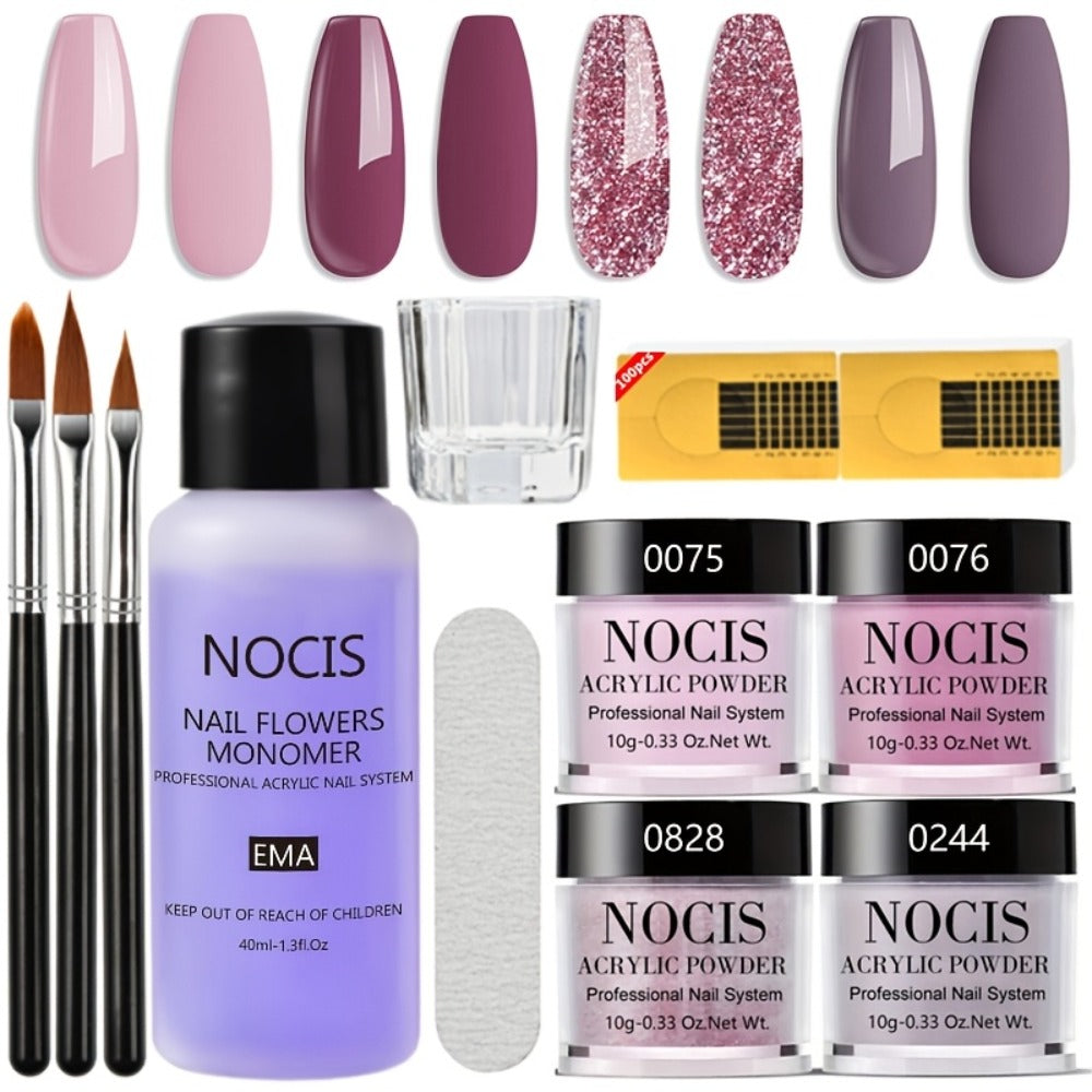 NOCIS Professional Acrylic Nail Kit - Salon-Quality Set with Liquid Monomer, 4 Powders & Brushes for Extensions, Carving & French Manicure - Odorless, Perfect for At-Home Beauty