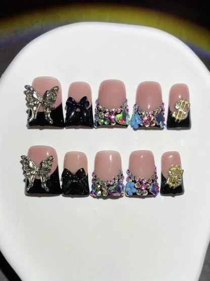 Handcrafted Press On Nails Duckbill Medium – Black & Nude Colorblock, Glitter, AB Rhinestone & Liquid Metal Butterfly | 10pcs Glossy Nail Set for Parties, Daily Wear & Gifts, S/M/L