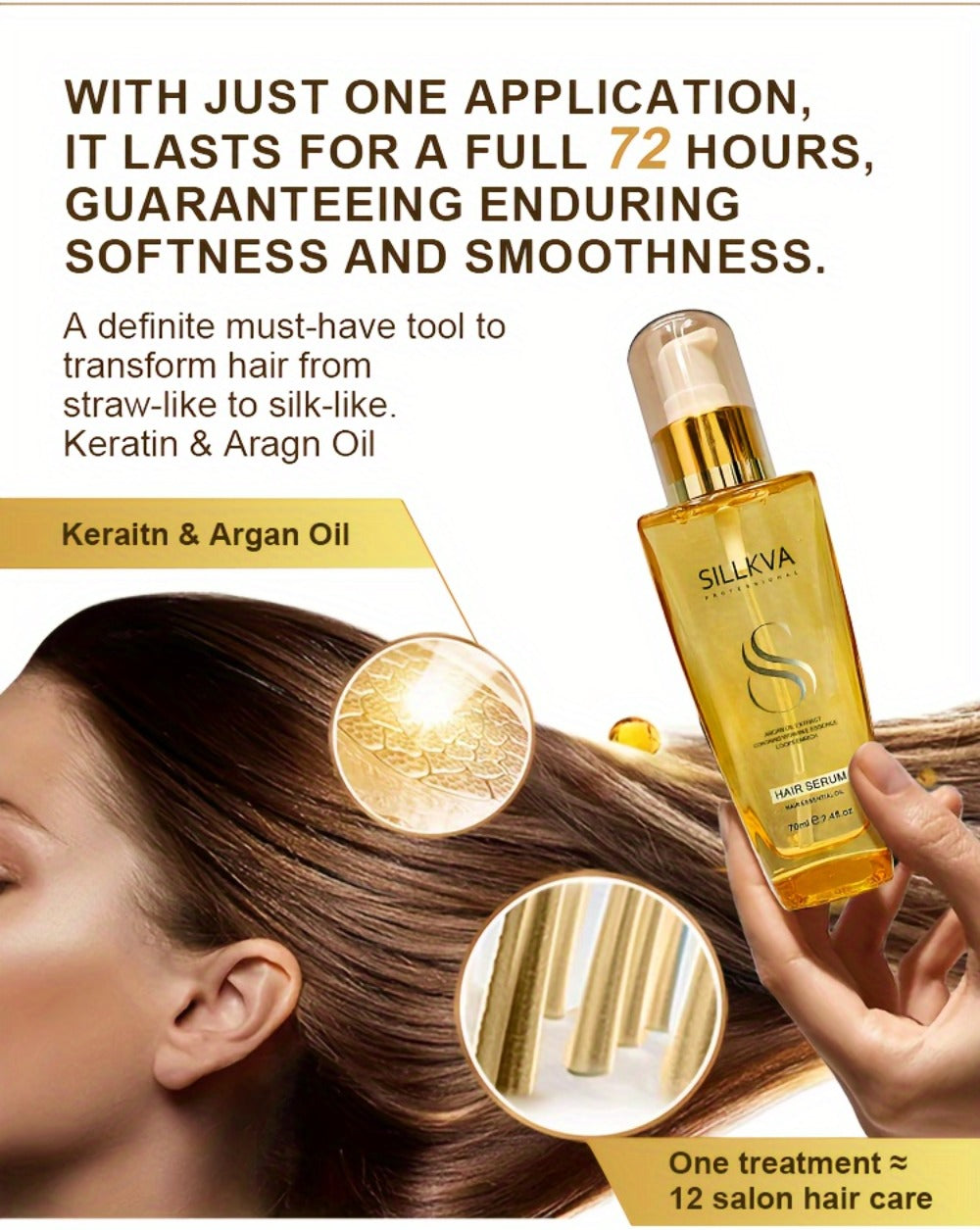 Frizz Control Argan Oil Hair Serum SILLKVA - Flyaway Tamer & Smoothing Treatment for Dry Damaged Hair, Moisturizing Lightweight Liquid Leave-In Serum for Women & Men All Hair Types