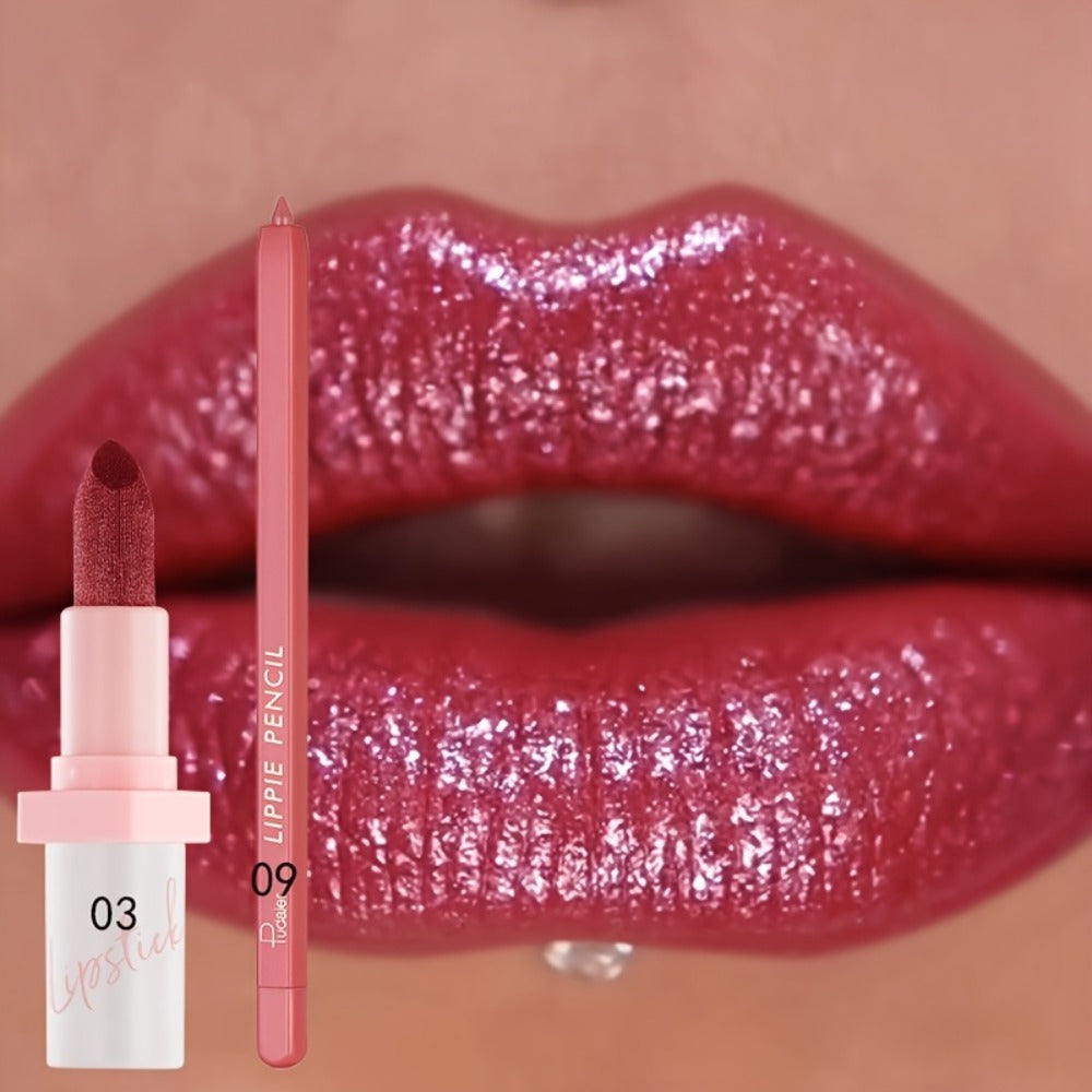 Glitter Lip Gloss and Lip Liner Set 2-Piece - Berry Shine Diamond Glitter, Hydrating Long Lasting Squalane Formula, 10 Color Combos