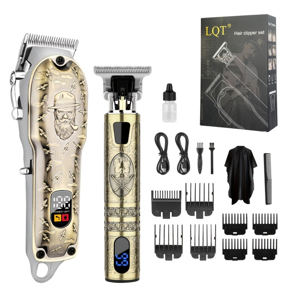 Electric Hair Clipper Set for Men LQT USB Charging 2000mAh with Engraving Scissors Metal Digital Display - 2 or 3 Piece Barber Kit for Home & Salon Bronze Gift