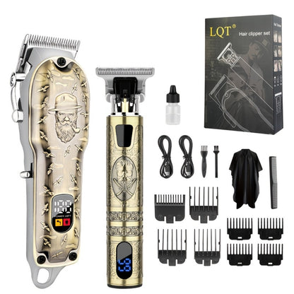 Electric Hair Clipper Set for Men LQT USB Charging 2000mAh with Engraving Scissors Metal Digital Display - 2 or 3 Piece Barber Kit for Home & Salon Bronze Gift