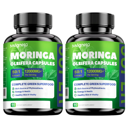 Moringa Capsules 12000mg — Pure Moringa Powder Supplement for Energy, Skin Health, Gut Health & Immune Support | Rich in Antioxidants | 60 Capsules per Bottle