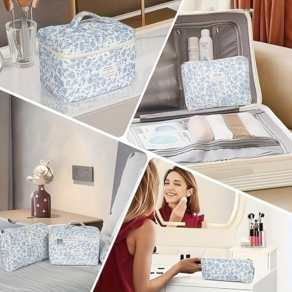 Large Capacity Floral Pattern Quilted Makeup Bag Set, 3 Counts Travel Cosmetic Bags, Stay Glam On-the-Go, Portable Zipper Makeup Organizer Pouches for Skincare, Cream, Lip Balm, Eyeliners, Makeup Tools, Makeup Container Set, Makeup Storage Organizer