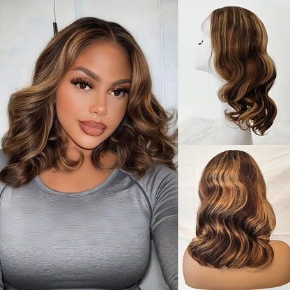 Lace Front Wig Human Hair 13x4 HD — Honey Blonde Ombre Body Wave Pre-Plucked Brazilian Bob Wig with Baby Hair, Glueless Gradient Color Loose Wave Wig for Women
