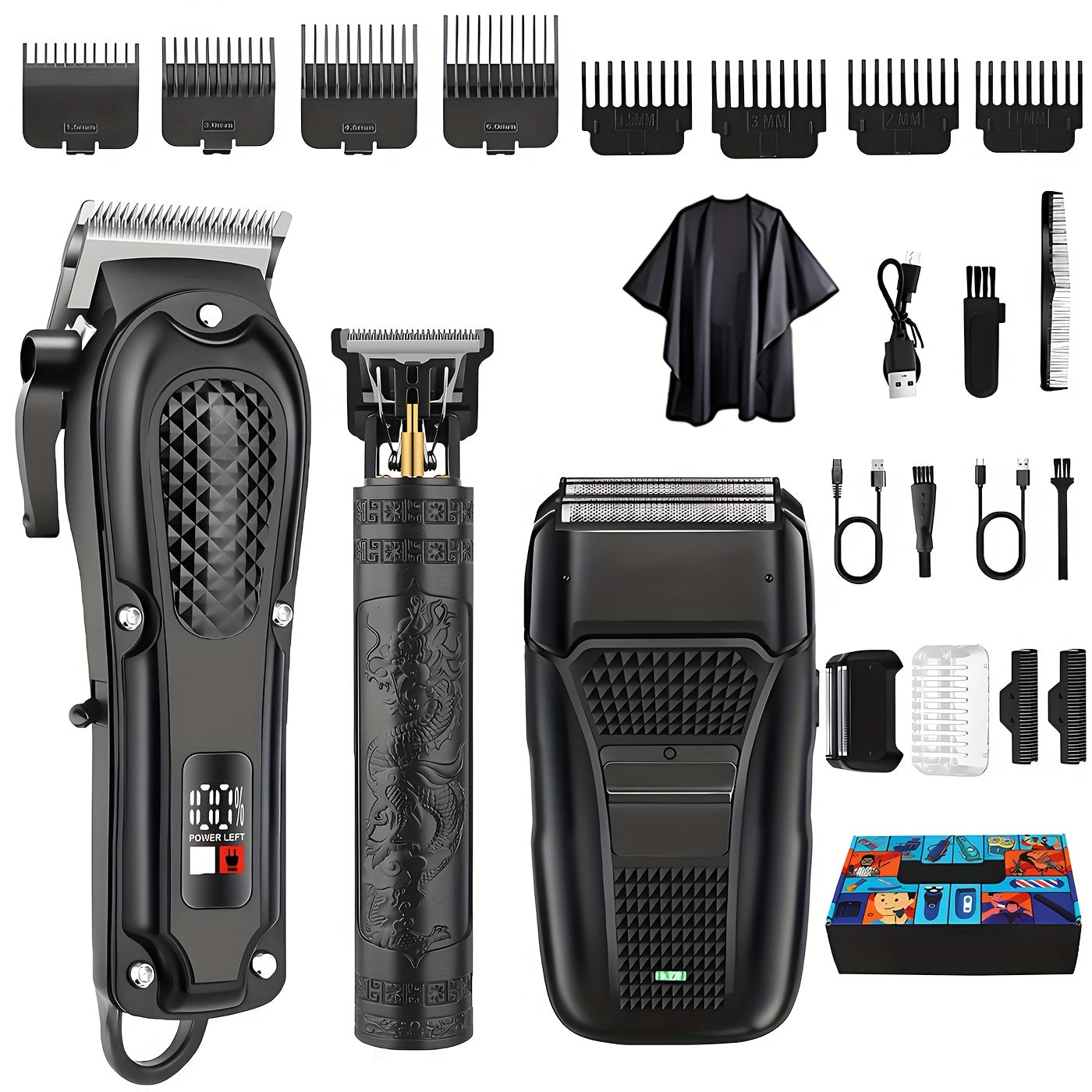 Men's Grooming Kit Hair Clipper Set USB Rechargeable LCD Display - Professional Hair Clipper Razor T-Blade Trimmer 8 Guide Combs Apron Gold & Black Complete Barber Kit