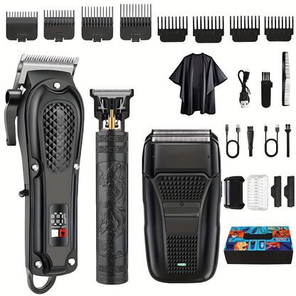Men's Grooming Kit Hair Clipper Set USB Rechargeable LCD Display - Professional Hair Clipper Razor T-Blade Trimmer 8 Guide Combs Apron Gold & Black Complete Barber Kit