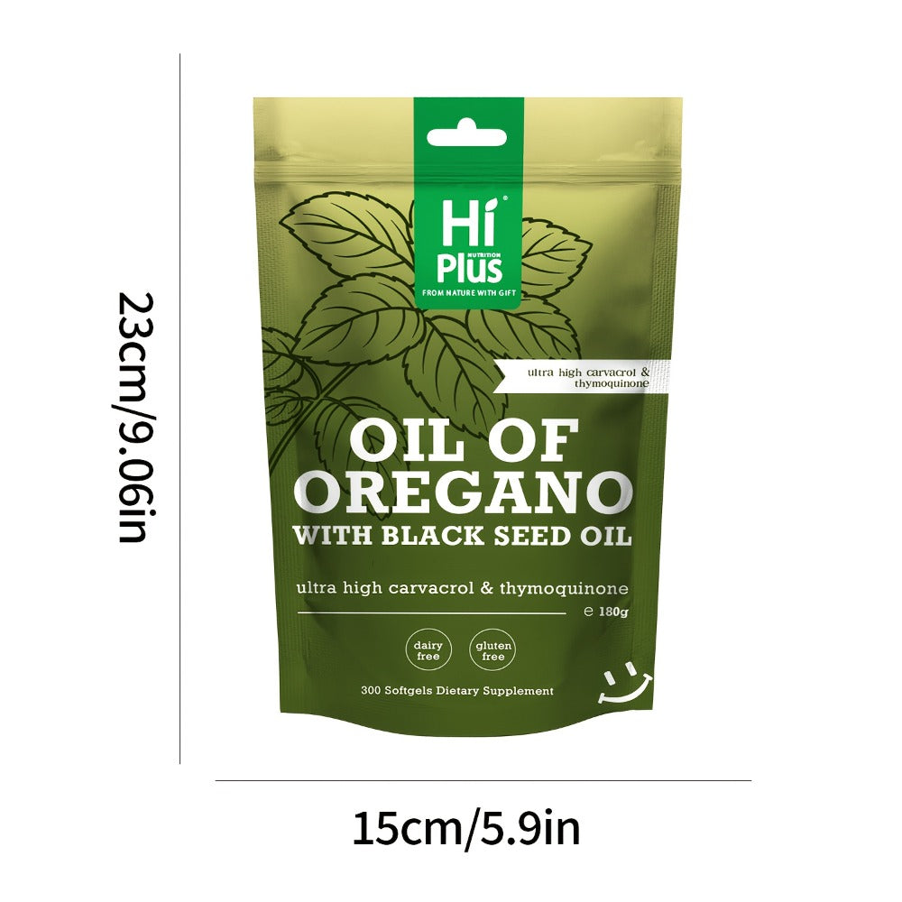 Hi Plus Oregano Oil Softgels, 300 Capsules | 2-in-1 Formula with Black Seed Oil 200mg, 4x Strength Carvacrylone & Thimeriquinone | Plant-Based, Immunological Support