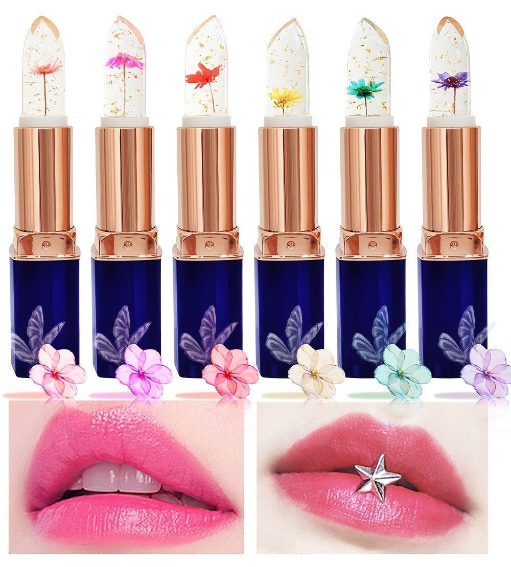 Flower Color Changing Lip Balm Set 6 Pcs - pH Reactive Tint Turns Pink, 6 Flavors, Moisturizing Transparent Lipstick, Cute Floral Design, Gift-Ready Beauty Makeup for Women & Girls
