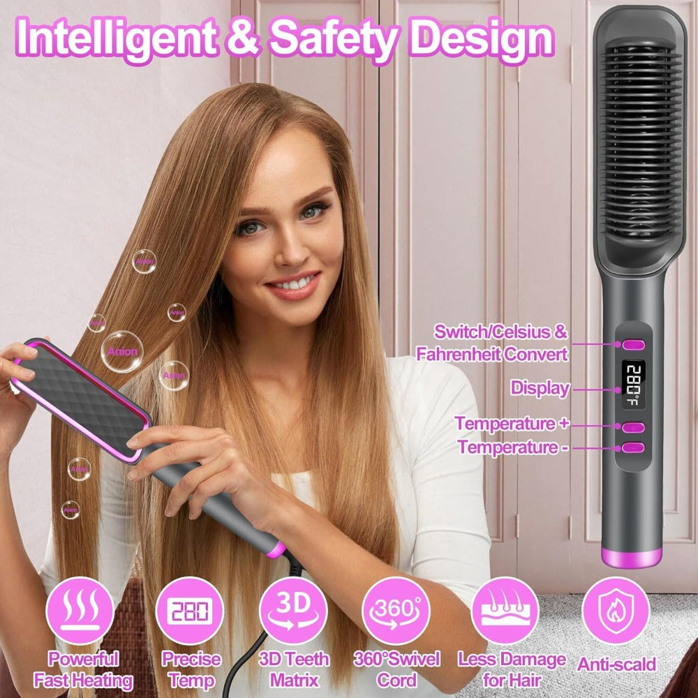 2 in 1 Curling Hair Straightener+2 Hairpins + 1 Comb, 35S Fast Hair Straightener, Women'S Hair Straightener, LCD Display Hair Straightener, 4-Speed Temperature Flat Iron Brush, Anti-Scalding, Birthday Christmas Gift