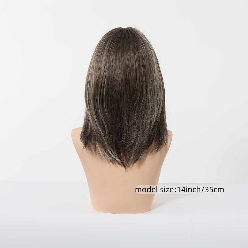 14 Inch Women'S Elegant Gradient Brown Dye Ticked Qi Liu Hair Layered Hair Chemical Fiber Wig, Rose Hairnet High Temperature, Suitable for Various Occasions