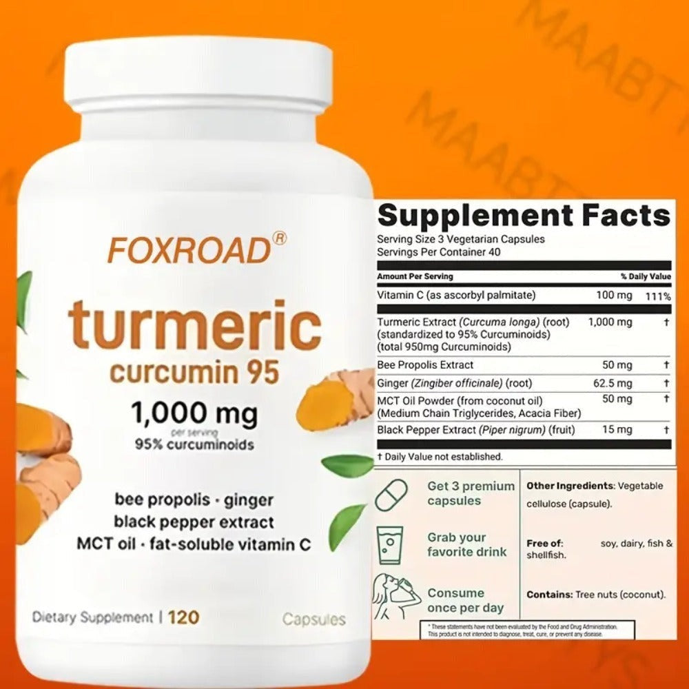 Capsules Containing Turmeric in a 6-In-1 Formula, Providing a 120-Day Supply with 120 Capsules, Featuring 95% Natural Active Curcumin, Abundant in Vitamin C And Probiotics! A Must-Have for Every Home And an Ideal Present!