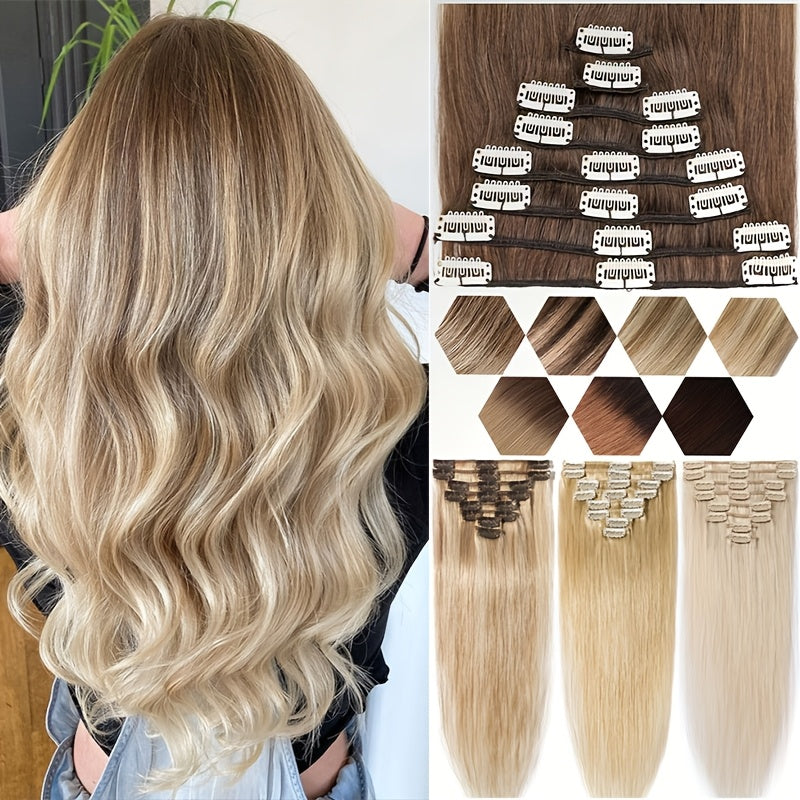 Set of 8 Human Hair Clip-In Extensions, Straight Remy Hair in Highlighted Blonde, Perfect for a Full Head Look for Women