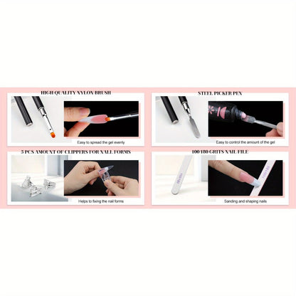 Dual Nail Form Kit for Poly Gel & French Nail Extensions - 192pcs Forms, 96pcs Reusable Pads, 8 Shapes Acrylic Mold, Brush Pen, Files, Clips - Complete Beginner Nail Extension Set