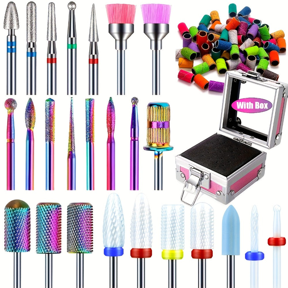 A Set Of Nail Tools And Grinding Heads Advanced Grinding Head Set - for Nail Enhancement, Grinding, Gel And Polishing Drills, with Multi-color Abrasive Belt, Tungsten Steel Ceramic Drill Bit And Storage Box