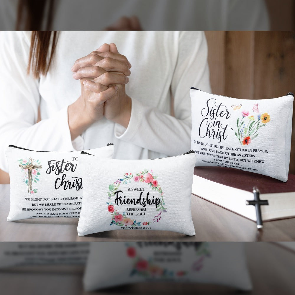 12pcs Sisters in Christ Makeup Bags Christian Gifts for Women Christian Secret Sister Cosmetic Bags Inspirational Religious Valentine Mother'S Day Birthday Gift for Best Friends