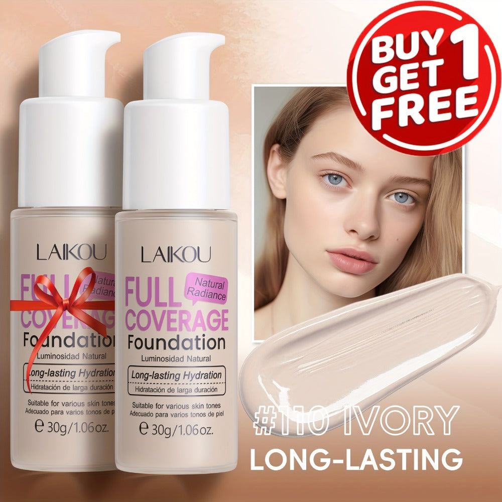 Foundation Full Coverage Hydrating Waterproof Long Lasting LALKOU with Hyaluronic Acid Pear Powder Invisible Pores Flawless Skin 6 Shades Ivory to Tan 2pcs