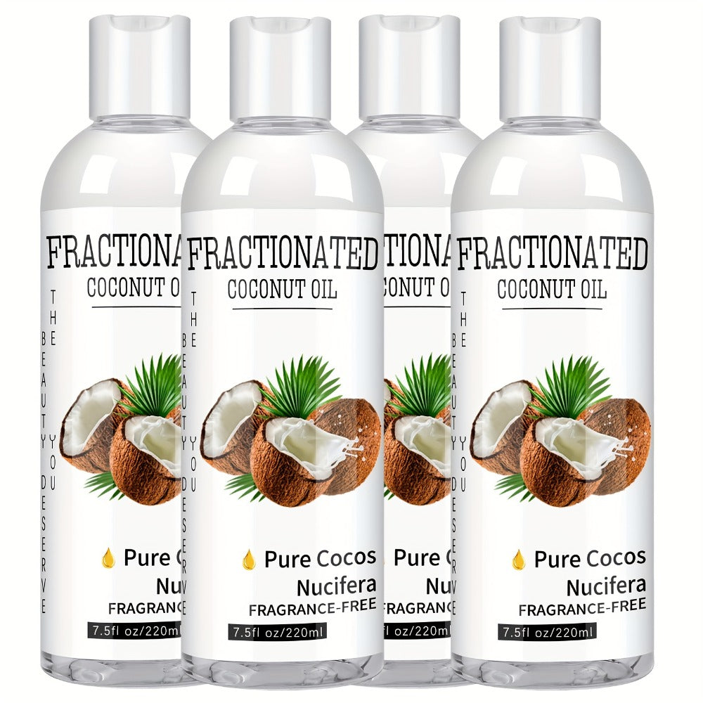 Four Packs of Fractionated Coconut Oil Suitable for Skin And Hair, Ideal for Massage, Made with Pure Cocos Nucifera - Hydrates And Nourishes Both Skin And Hair, a Liquid Carrier Oil for Projects, Completely Pure And Vegan - 7.5 Fluid Ounces