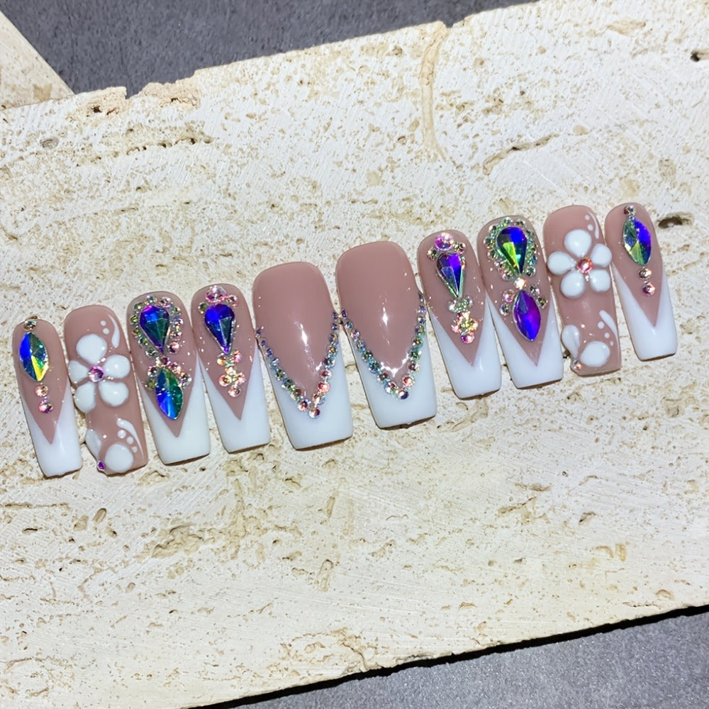 10pcs Luxury Press-On Nails Set, 1.18inch Square French Tip with AB Rhinestones And Handcrafted Floral Design, Glossy End, Nude And White, Perfect for Weddings, Parties, Valentine'S Day, Birthdays, Christmas Gifts