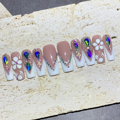 Press On Nails Square French Tip Luxury – Nude & White with AB Rhinestone & Handcrafted Floral Design | 10pcs Glossy Nail Set for Wedding, Party & Valentine's Day, S/M/L