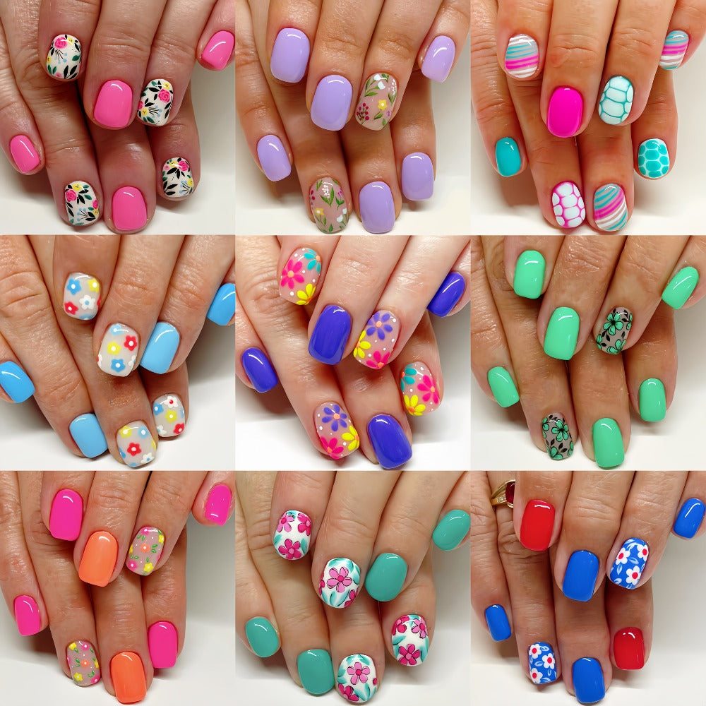 Set of 216 Press-On Fake Nail Stickers, Featuring Short Floral Designs Perfect for Spring And Summer. This Easy And Stylish Pack Includes a Variety of Plant And Flower Combinations, Comes in a Removable Box