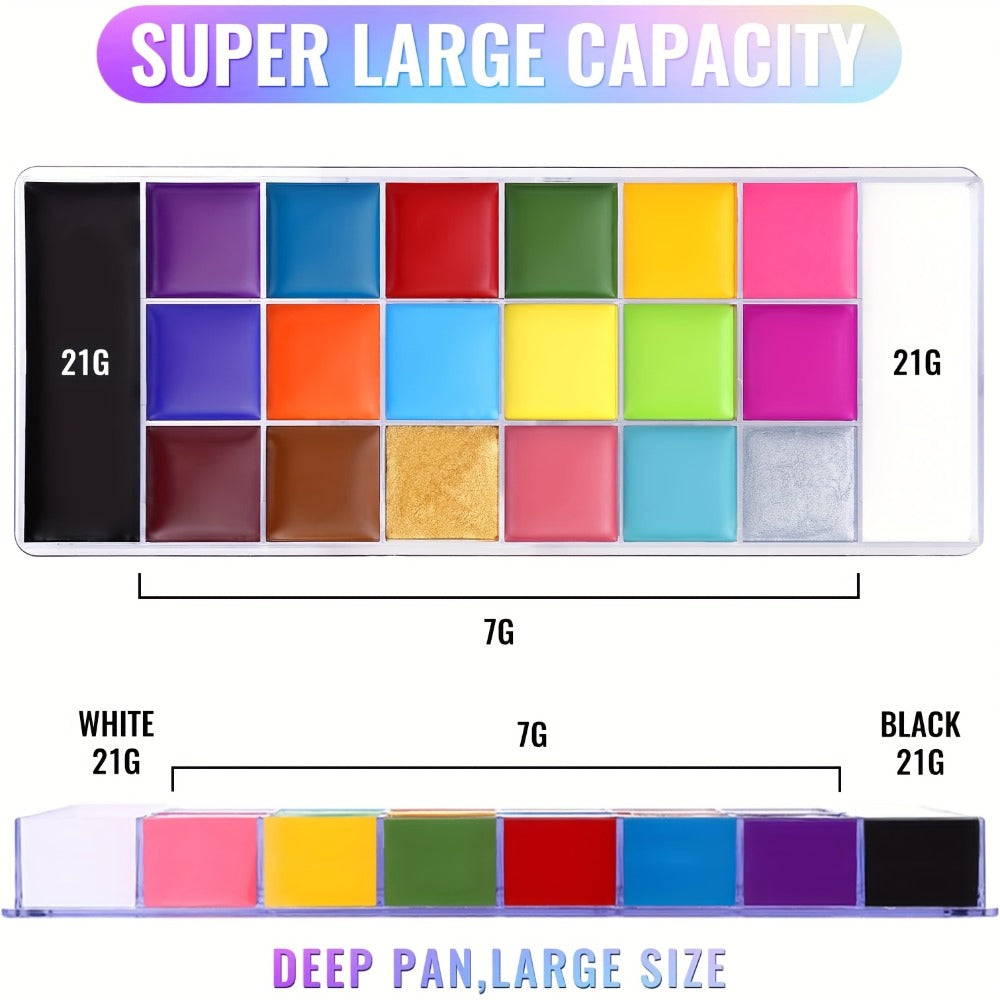 Face Body Paint Palette 20 Colors Oil-Based - Halloween SFX Makeup Kit Black White Flash Tattoo Cosplay Festival Stage Artist Full Size 168g
