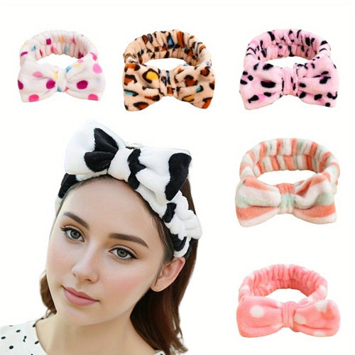 Headbands for Women 6 Pack Bow Design Soft Fabric Elastic Hair Bands for Makeup Spa Shower Skincare Routine Patterned Polyester Hair Headband for All Hair Types Beauty Accessory Gift Set