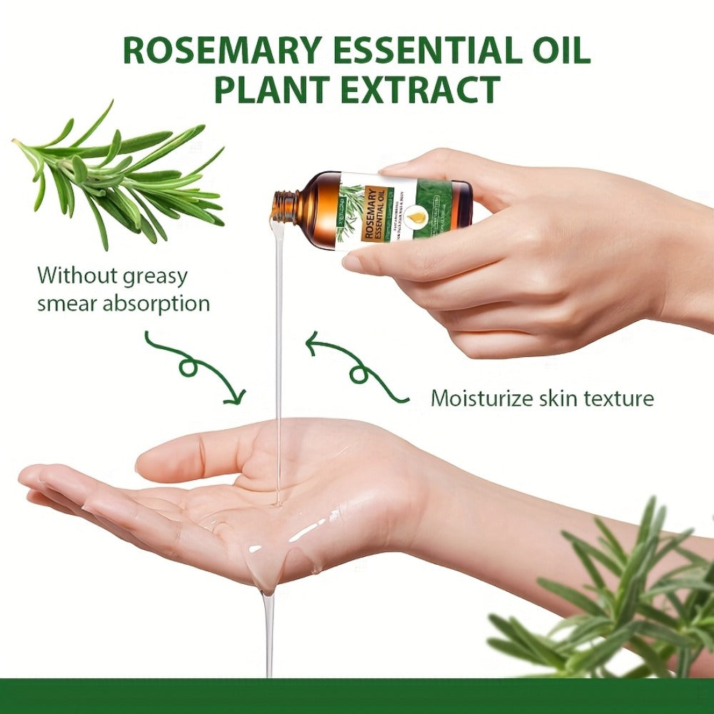 Rosemary Essential Oil for Hair Growth & Skin Care — Treats Split Ends, Enhances Eyebrows & Eyelashes, All Hair Types, Face & Body Bath Oil 3.38oz