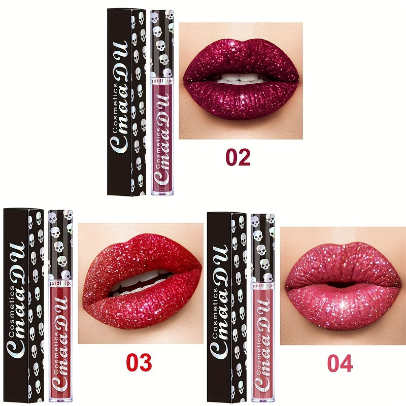 Shimmer Lip Gloss Set 3pcs Skull Design Long Lasting Liquid Lipstick Easy to Remove - Shiny Glitter Lip Color for Music Festival Rave Party Gift for Women