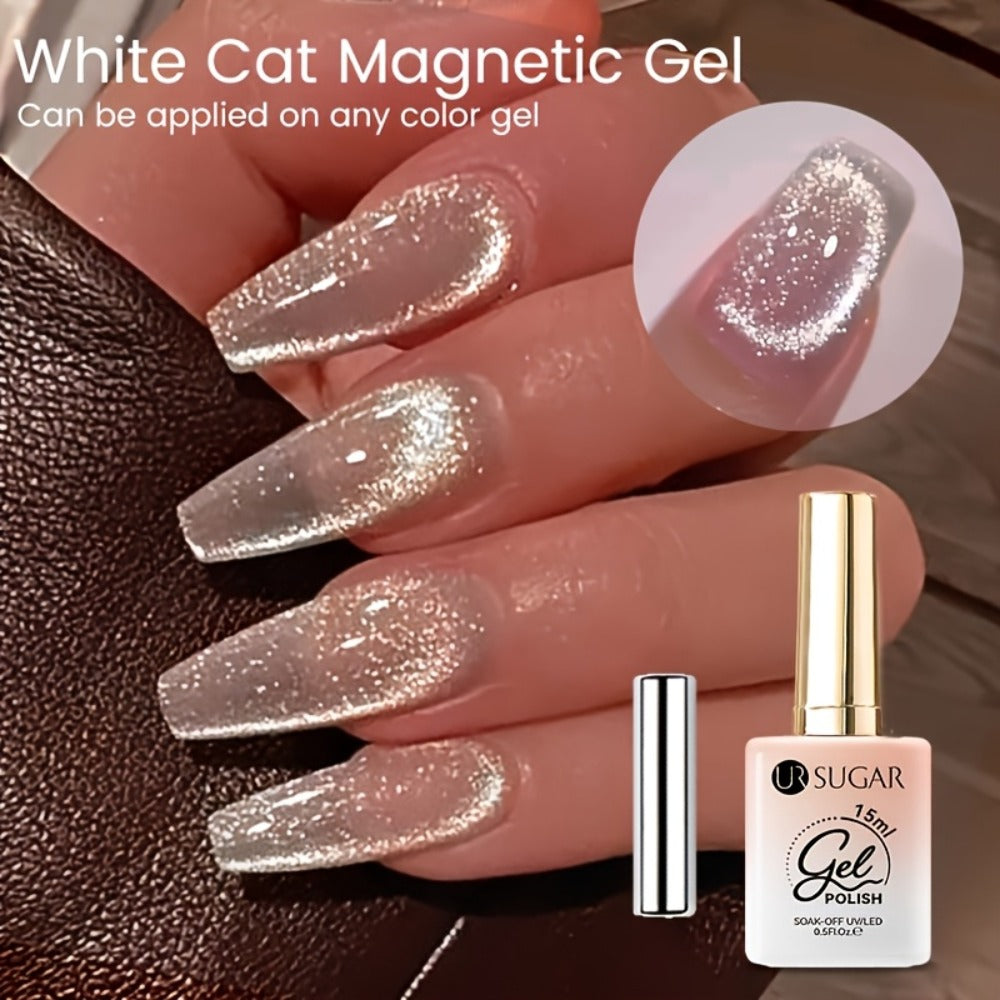 UR SUGAR 2pcs/Set 0.51oz Shine White Cat Magnetic Gel Nail Polish on Any Color Gel Sparkling Glitter Semi Permanent Soak Off Gel with Magnetic Stick