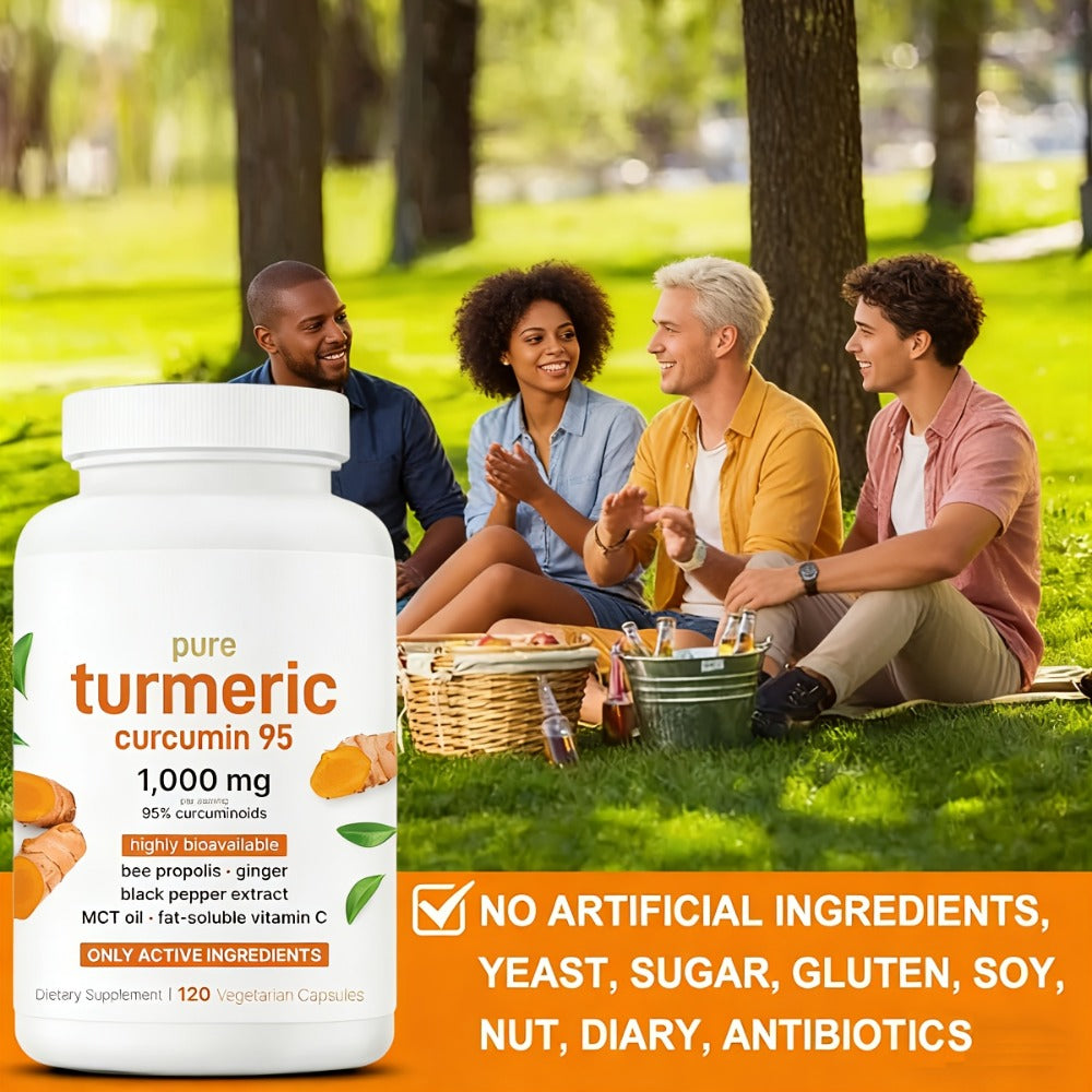 120 Capsules Premium Turmeric Curcumin 1000mg Supplement - Triple Action Heart & Brain Support With Ginger, Black Pepper & Bee Propolis - Natural Herbal Formula For Men & Women, Family Health Product