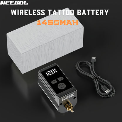 Wireless Tattoo Battery Power Supply 1450mAh — Neebol WX-1 Plus RCA, LED Display, 12V Boost Mode, 6-Hour Runtime, USB-C Charging, for Rotary Machines & PMU Pens