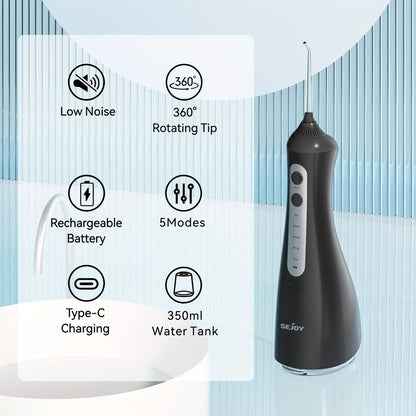 Cordless Water Flosser Portable Oral Irrigator 350ml Tank 5 Cleaning Modes One-Touch Operation IPX Waterproof Rechargeable Dental Flosser for Braces Gum Care Travel Home Use