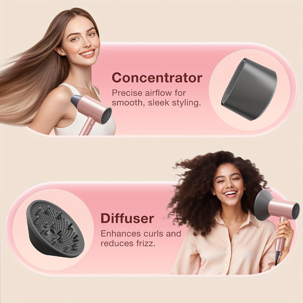 1875W High-Power Pink Travel Hair Dryer, Foldable Design, with Diffuser And Focusing Nozzle, Compact Powerful Ion Hair Dryer, 3-Speed Temperature Control And 2-Speed Wind Speed, Fast Drying Hair