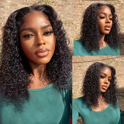 Jerry Curly Lace Closure Wig Human Hair Glueless Pre Cut Pre Plucked Wear and Go Natural Color All Skin Tones Women Men 14-24 Inch