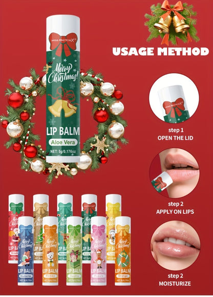 Lip Balm Set 10-Pack Christmas Gift — MISS FACTORX Moisturizing Lipstick Collection with Vitamin E, Natural Look, All Skin Types, Holiday & Valentine’s Day Gift for Women