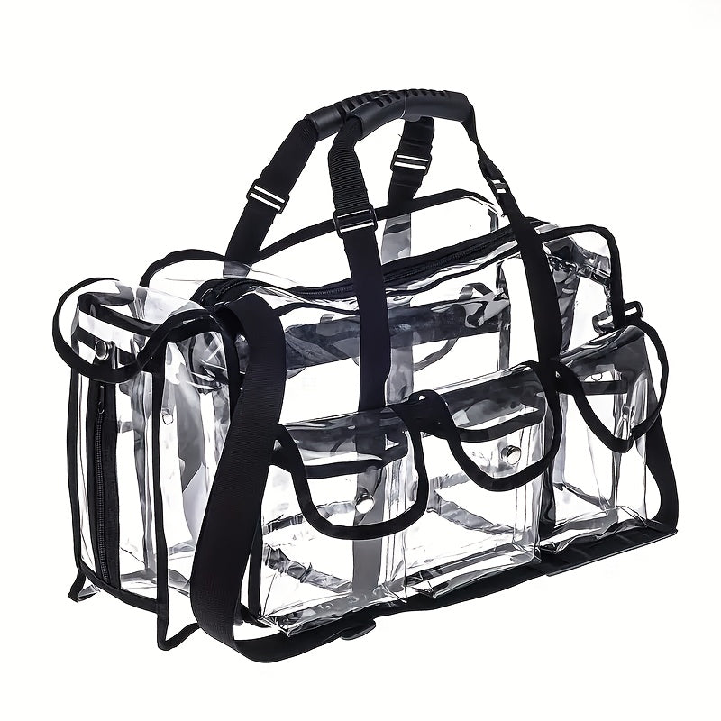 Clear PVC Bag Extra Large Transparent Stadium Approved Tote with Adjustable Shoulder Straps 3 External Pockets Travel Bag for Men Women