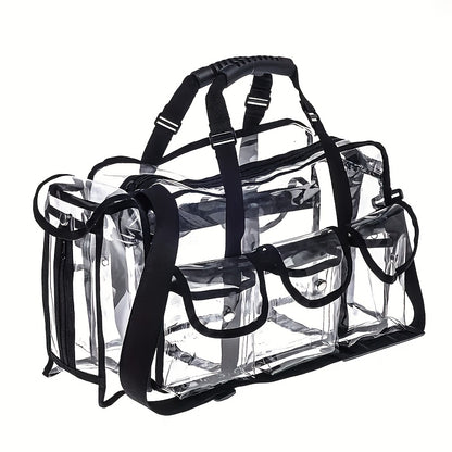 Clear PVC Bag Extra Large Transparent Stadium Approved Tote with Adjustable Shoulder Straps 3 External Pockets Travel Bag for Men Women
