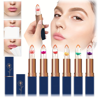 Flower Color Changing Lip Balm Set 6 Pcs - pH Reactive Tint Turns Pink, 6 Flavors, Moisturizing Transparent Lipstick, Cute Floral Design, Gift-Ready Beauty Makeup for Women & Girls