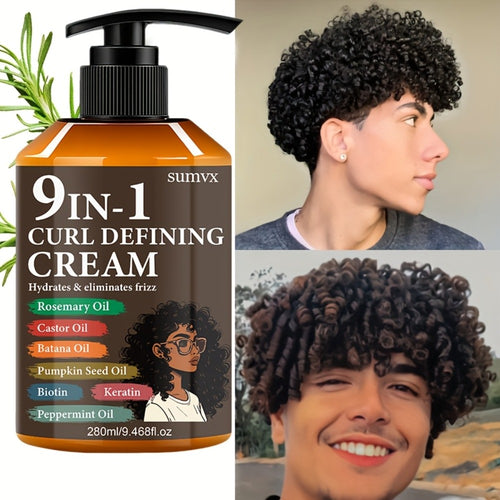 1 Bottle 9-in-1 Curl Defining Cream | Moisturizing, Long-lasting Hold, Frizz Control, Non-greasy, Stylish Bottle Design, Suitable for Normal, Wavy, and Curly Hair, Unisex-Adult