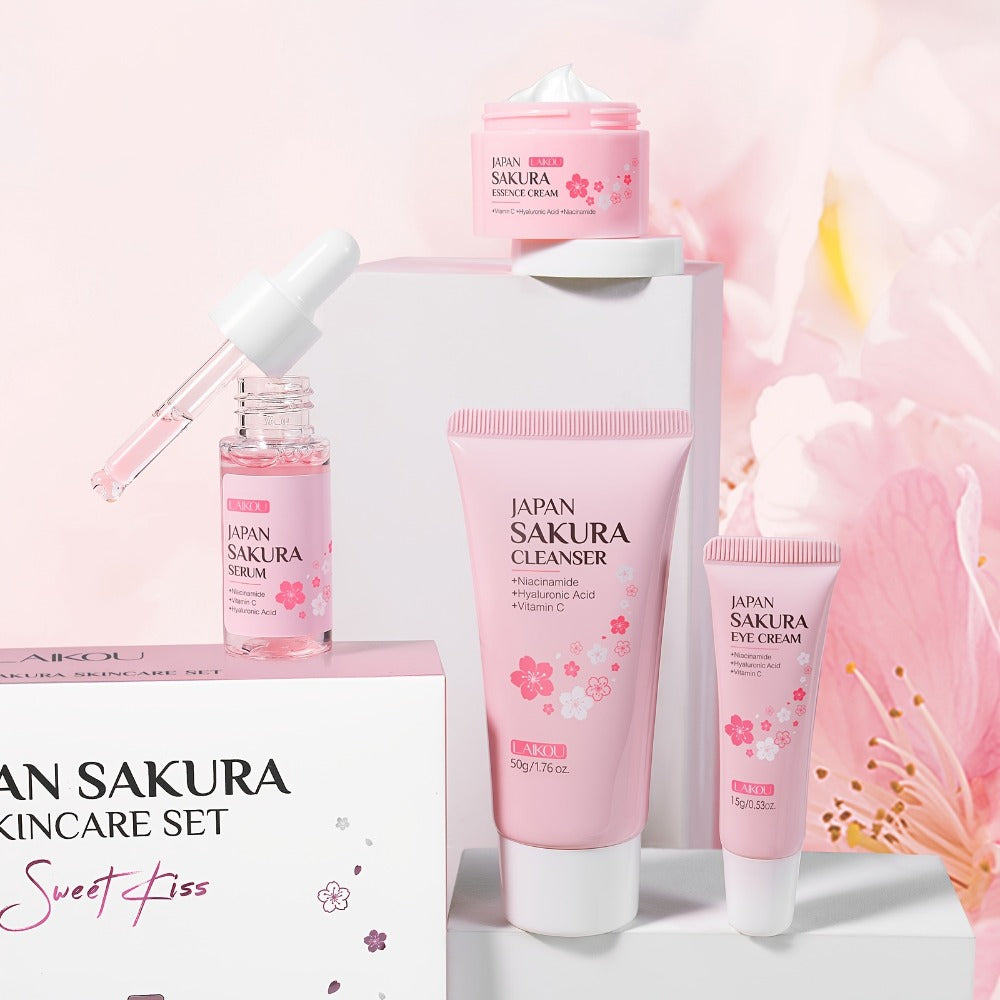 LAIKOU Sakura Gift Box 4pcs Skincare Set, Serum 0.59Fl.Oz, Skin Moisturizer 0.88Oz, Eye Cream 0.53Oz, Soft Foam Facial Wash 1.76Oz, Mother'S Day Gift Set, for Uneven Complexion