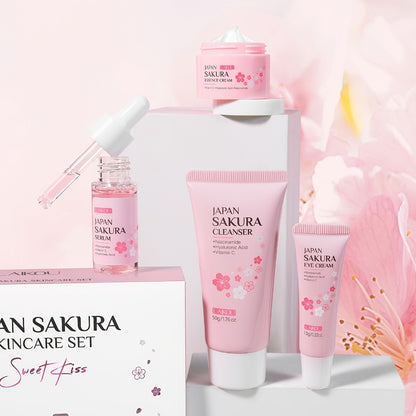 Sakura Skincare Gift Set 4pcs Niacinamide Serum Eye Cream Moisturizer Foam Cleanser - Brightening Uneven Complexion Hydrating Routine Mother's Day Gift for Women