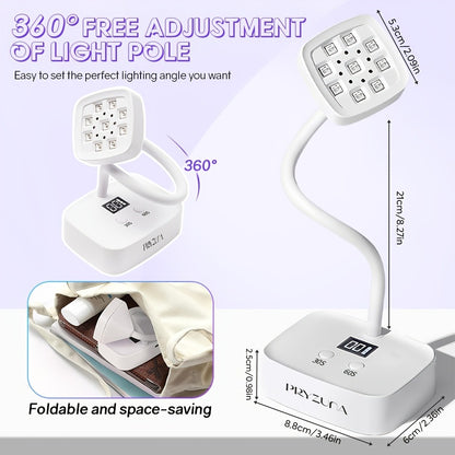 UV LED Nail Lamp Rechargeable Cordless Gel Nail Light Smart Sensor — 360° Gooseneck, LCD Display, 30s/60s Timer, Portable Type-C, Cures All Gel Nails, Salon & Home Use, White