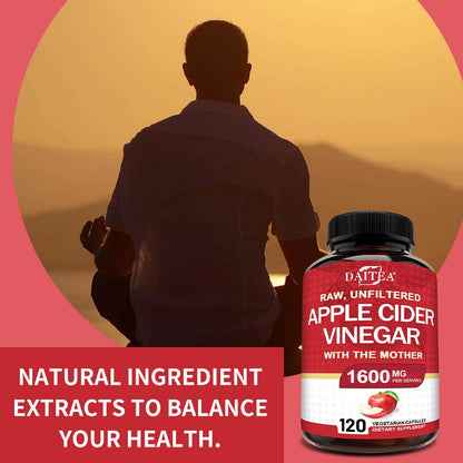 Apple Cider Vinegar Capsules 1600mg – Supports Digestion, Weight Management & Energy for Men and Women | 120 Capsules Vitamin & Mineral Blend (Optional 1/2/3 Bottles)
