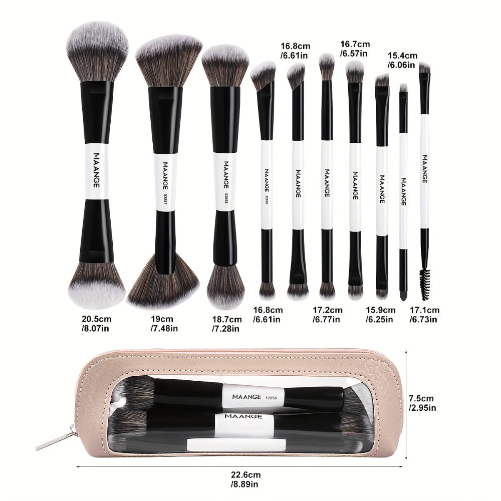 10pcs MAANGE Professional Double-Headed Blush And Eyeshadow Makeup Brush with Cosmetic Bag - Dual-Ended Facial Brush Suitable for Beginners And Pros, Soft Nylon Bristles, Non-Sticky Face, Precise Application for Powder/Products