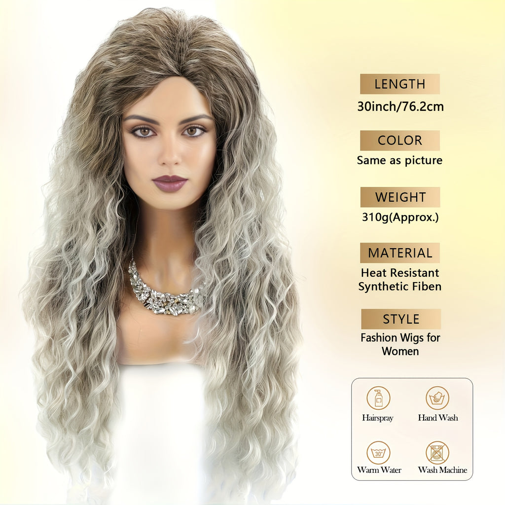 Ombre Ash Blonde Brown Curly Wig Long Wavy Middle Part Natural Looking Dark Roots Synthetic Wigs for Women 80s Halloween Carnival Party Wig Costume Party Or Daily Use 28 Inches