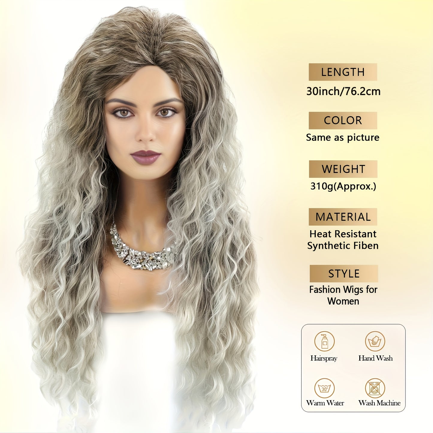 Ombre Curly Wig Long Wavy Synthetic Wig Women 30 Inch Middle Part Dark Roots Ash Blonde Brown Gradient Orange Natural Look Party Halloween Daily Wear