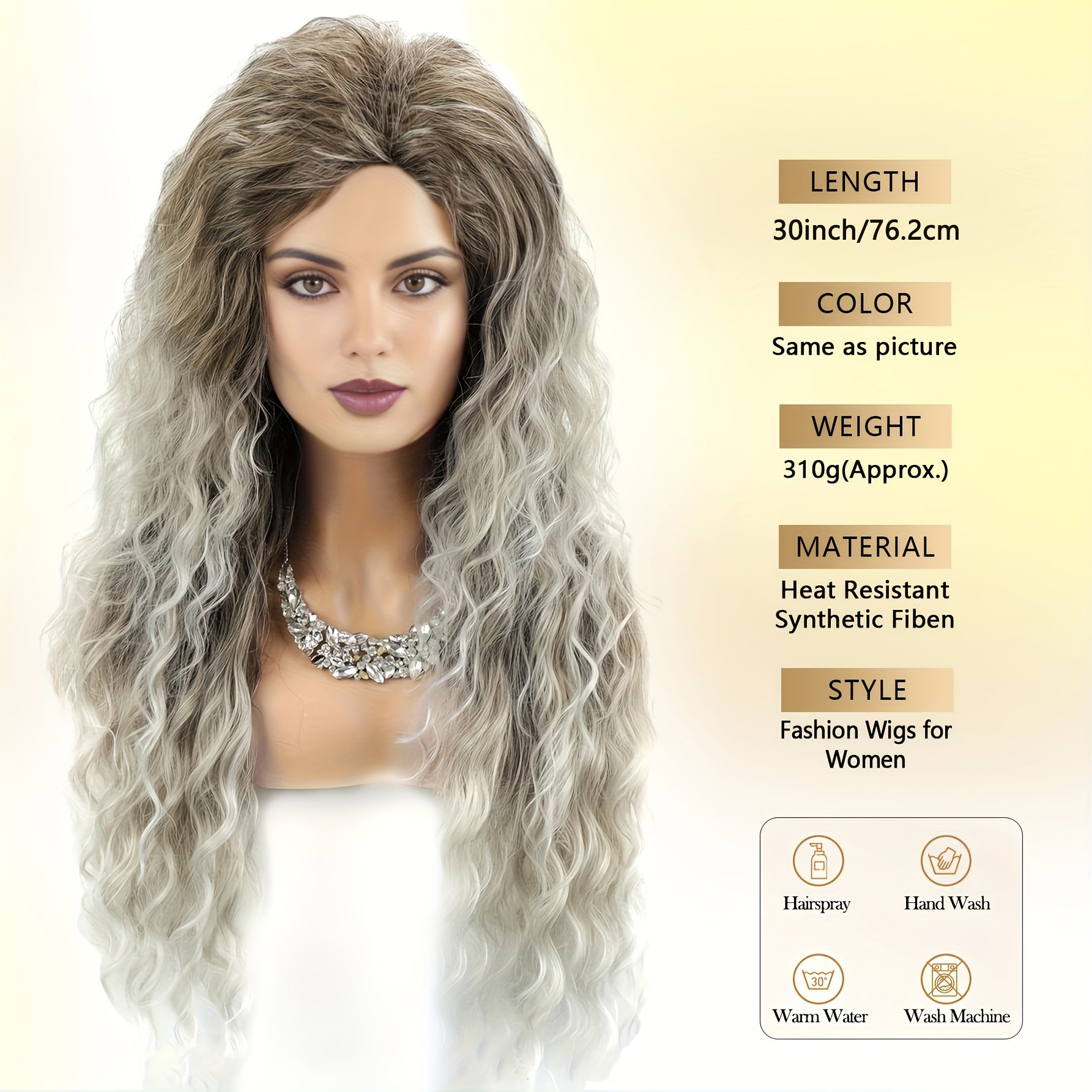 Ombre Ash Blonde Brown Curly Wig Long Wavy Middle Part Natural Looking Dark Roots Synthetic Wigs for Women 80s Halloween Carnival Party Wig Costume Party Or Daily Use 28 Inches