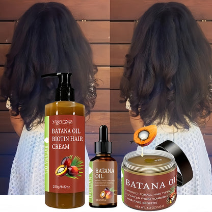 Batana Oil Set 3-Piece from Honduras - Dr. Sebi Cold Pressed Unrefined Batana Oil, Hair Mask & Carrier Oil, Deep Moisture, Prevents Breakage, Dry Hair