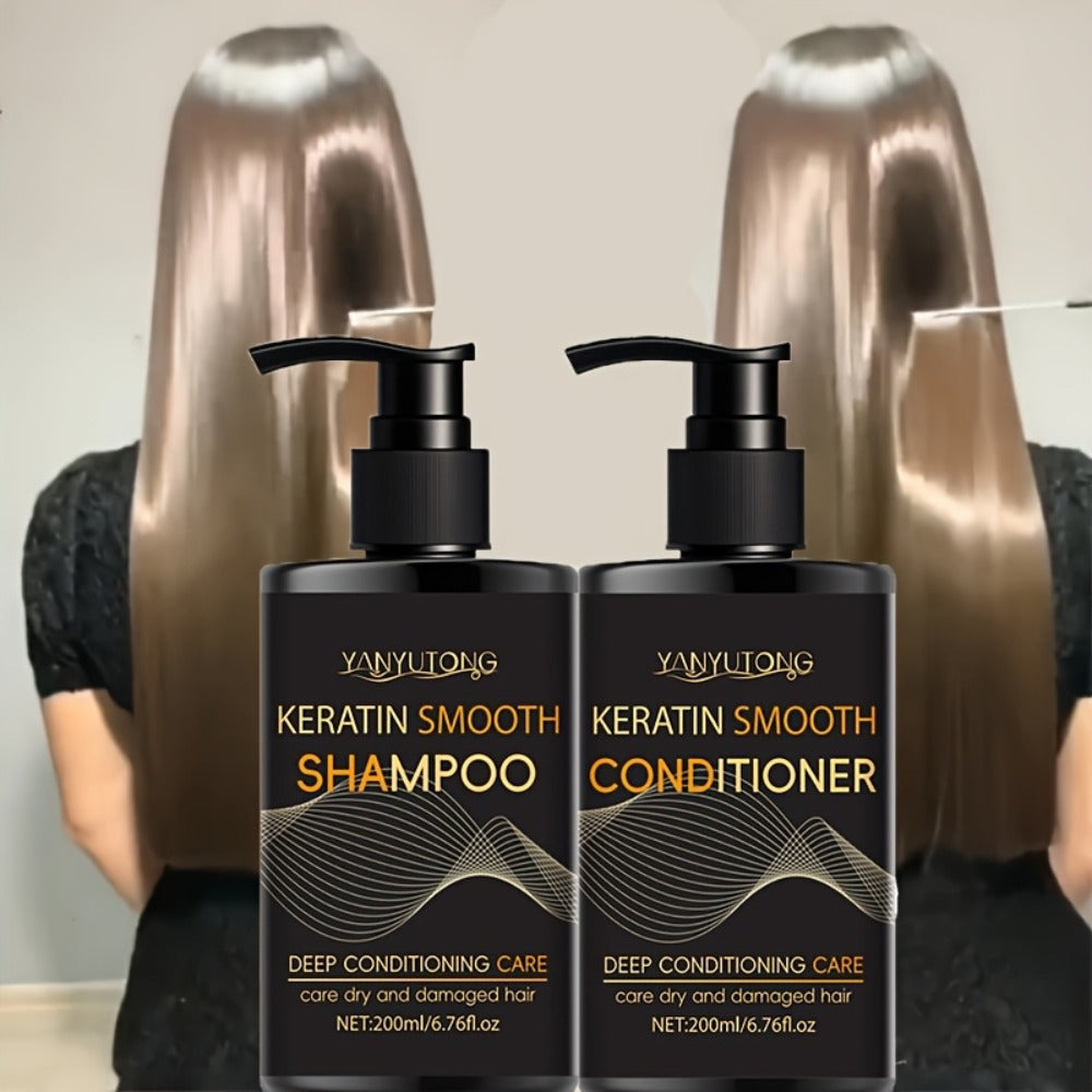 13.53oz Keratin Hair Care Set, 6.76oz Shampoo, 6.76oz Conditioner, Moisturizes Hair And Scalp, Prevents Breakage And Split Ends – Professional, for Hair Dyeing And Heat Damage, Home Hair Care, Creates Smooth